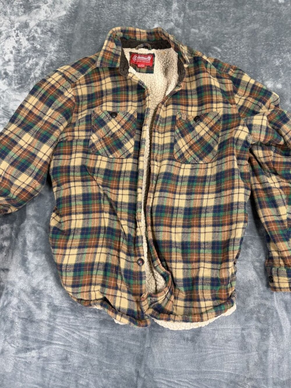 Coleman Mens XL Plaid  Flannel Jacket Beige & Green